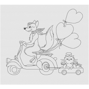 Fox and cat in progress, backstitch done