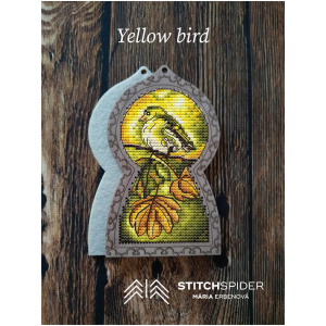 Yellow bird stitched on wood