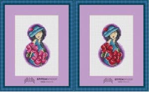cross-stitch pattern lady with flowers in both colours
