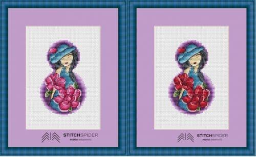cross-stitch pattern lady with flowers in both colours