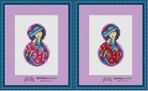 cross-stitch pattern lady with flowers in both colours