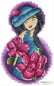 cross-stitch pattern lady with flowers with red peonies