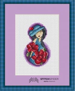 cross-stitch pattern lady with flowers with red peonies