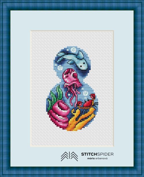 Cross stitch pattern Ocean life in frame